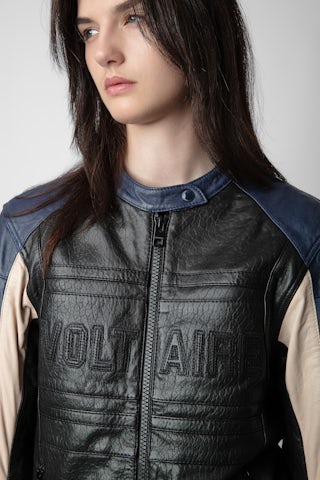 Blouson Late Biker Cuir - Blouson en cuir noir contrasté orné d'une signature Voltaire unisexe.