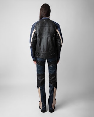 Blouson Late Biker Cuir - Blouson en cuir noir contrasté orné d'une signature Voltaire unisexe.