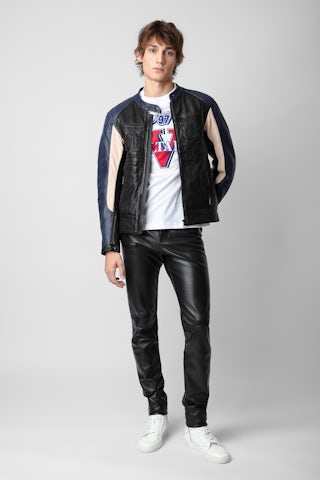 Blouson Late Biker Cuir - Blouson en cuir noir contrasté orné d'une signature Voltaire unisexe.