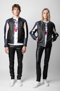 Late Biker Leather Jacket - Unisex’s contrasting black leather jacket with Voltaire signature.