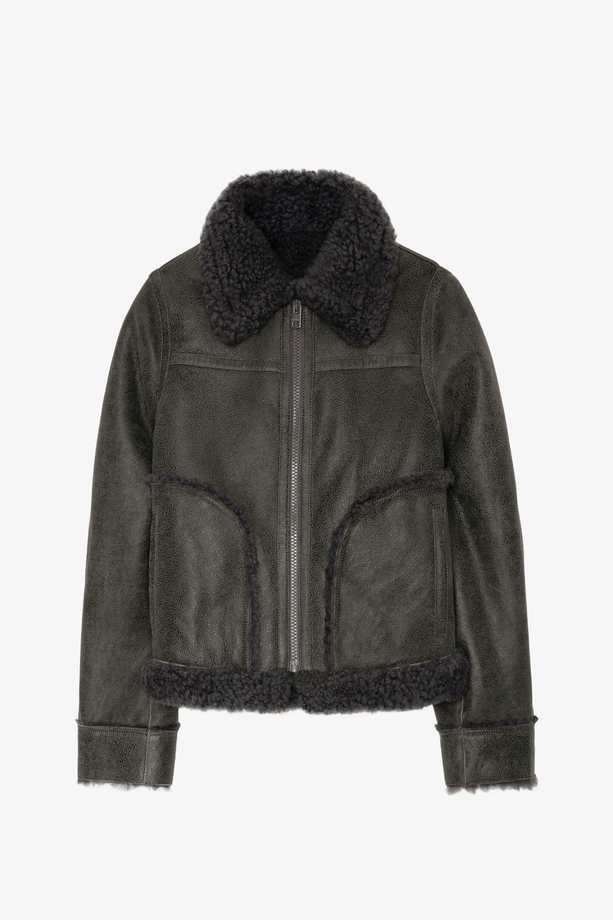 Kady Leather Jacket - Women’s anthracite leather jacket with shearling lining and trim.