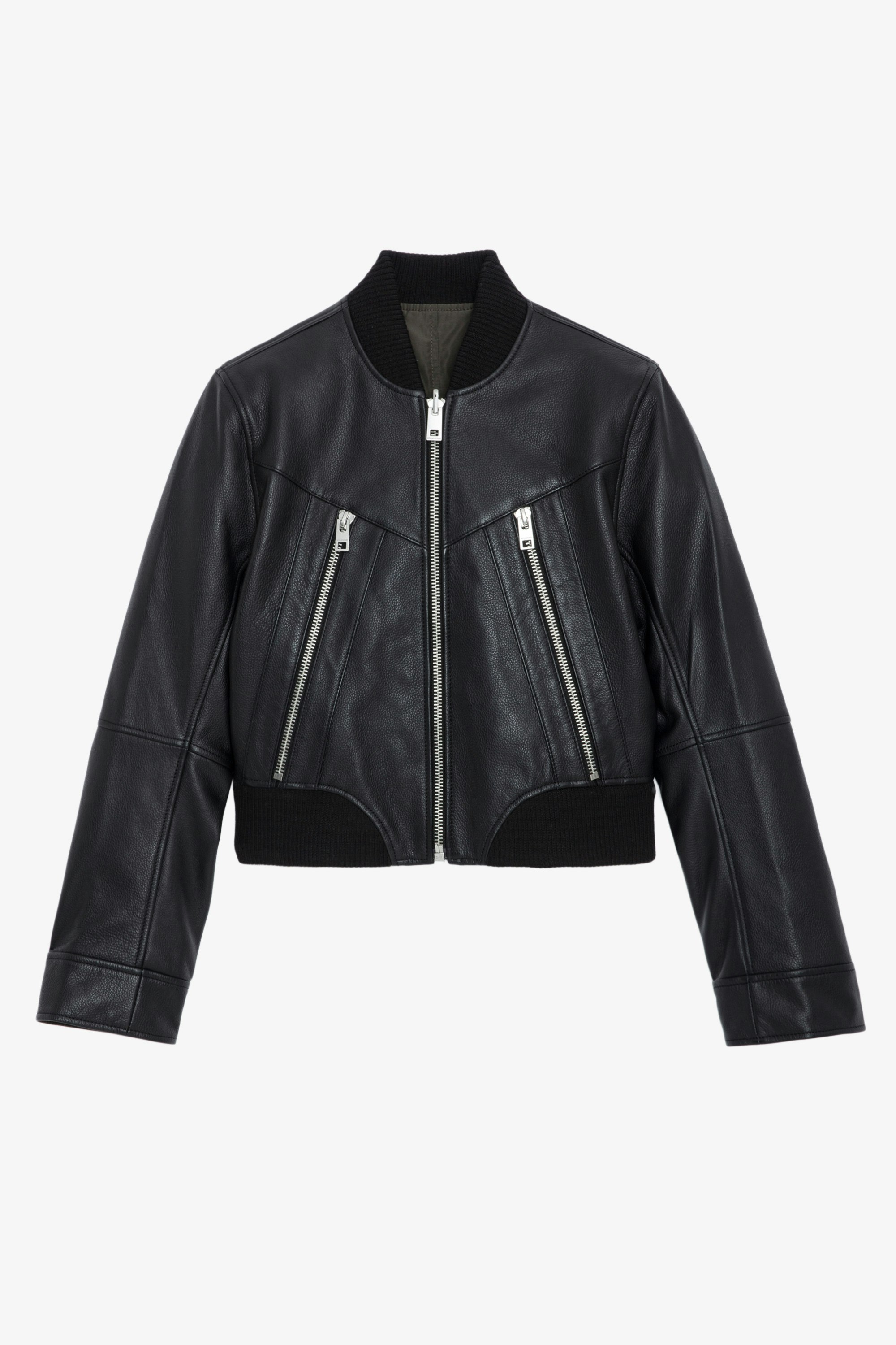 Jacke Bunta Leder - Kurze Wendejacke aus schwarzem Leder und braunem Stoff mit Reißverschluss, Druckknöpfen und Taschen.