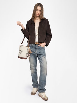 Lessa Suede Leather Jacket - Short buttoned jacket in suede leather with embossed wing on the back.