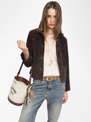 Lessa Suede Leather Jacket - Short buttoned jacket in suede leather with embossed wing on the back.