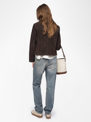 Lessa Suede Leather Jacket - Short buttoned jacket in suede leather with embossed wing on the back.