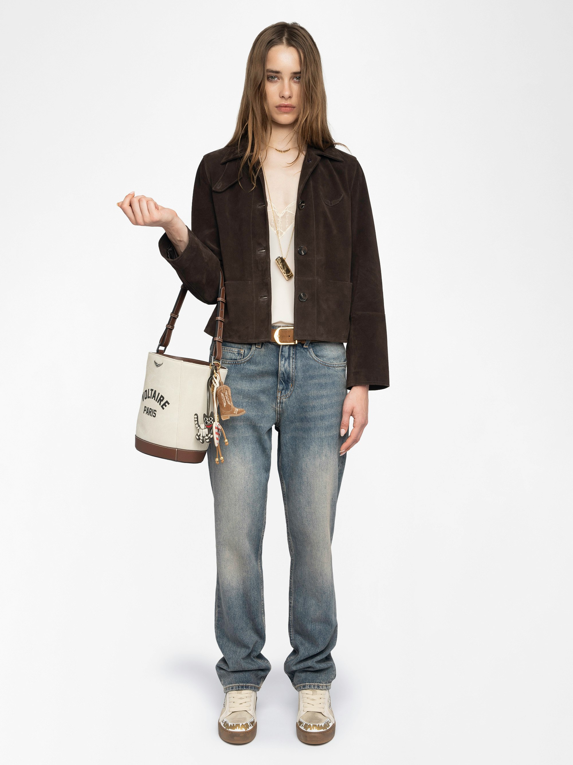 Lessa Suede Leather Jacket - Short buttoned jacket in suede leather with embossed wing on the back.