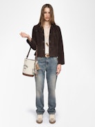 Lessa Suede Leather Jacket - Short buttoned jacket in suede leather with embossed wing on the back.