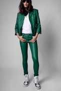 Phlame Crinkled Leather Trousers - Women's green crinkled leather pants. Buying this product, you support a responsible leather production through Leather Working Group.