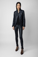 Phlame Pants Crinkled Leather - Women's navy blue crinkled leather trousers.
