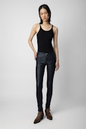 Phlame Pants Crinkled Leather - Women's navy blue crinkled leather trousers.