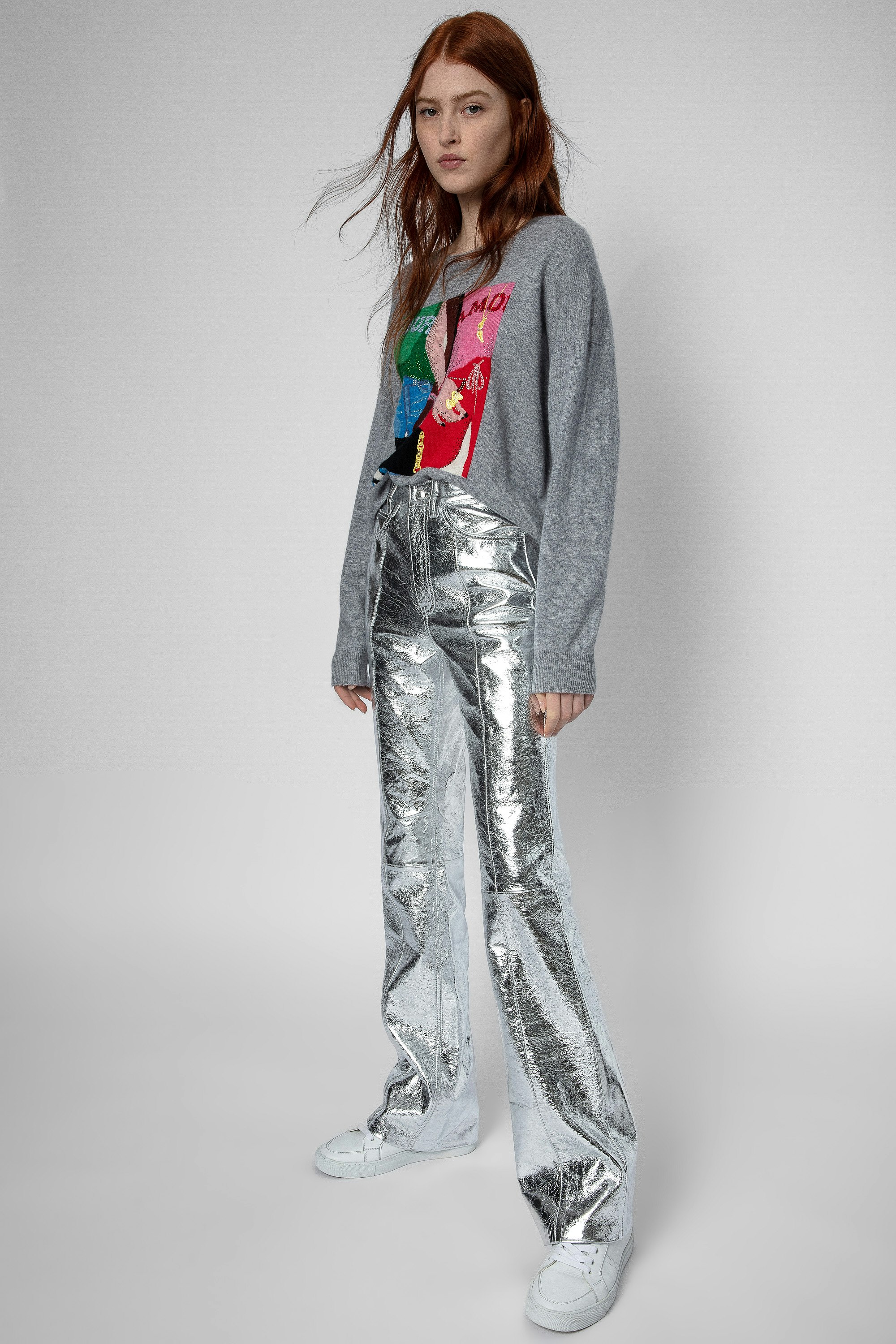 Leather Poete Trousers - Women’s silver-toned metallic leather straight-cut trousers