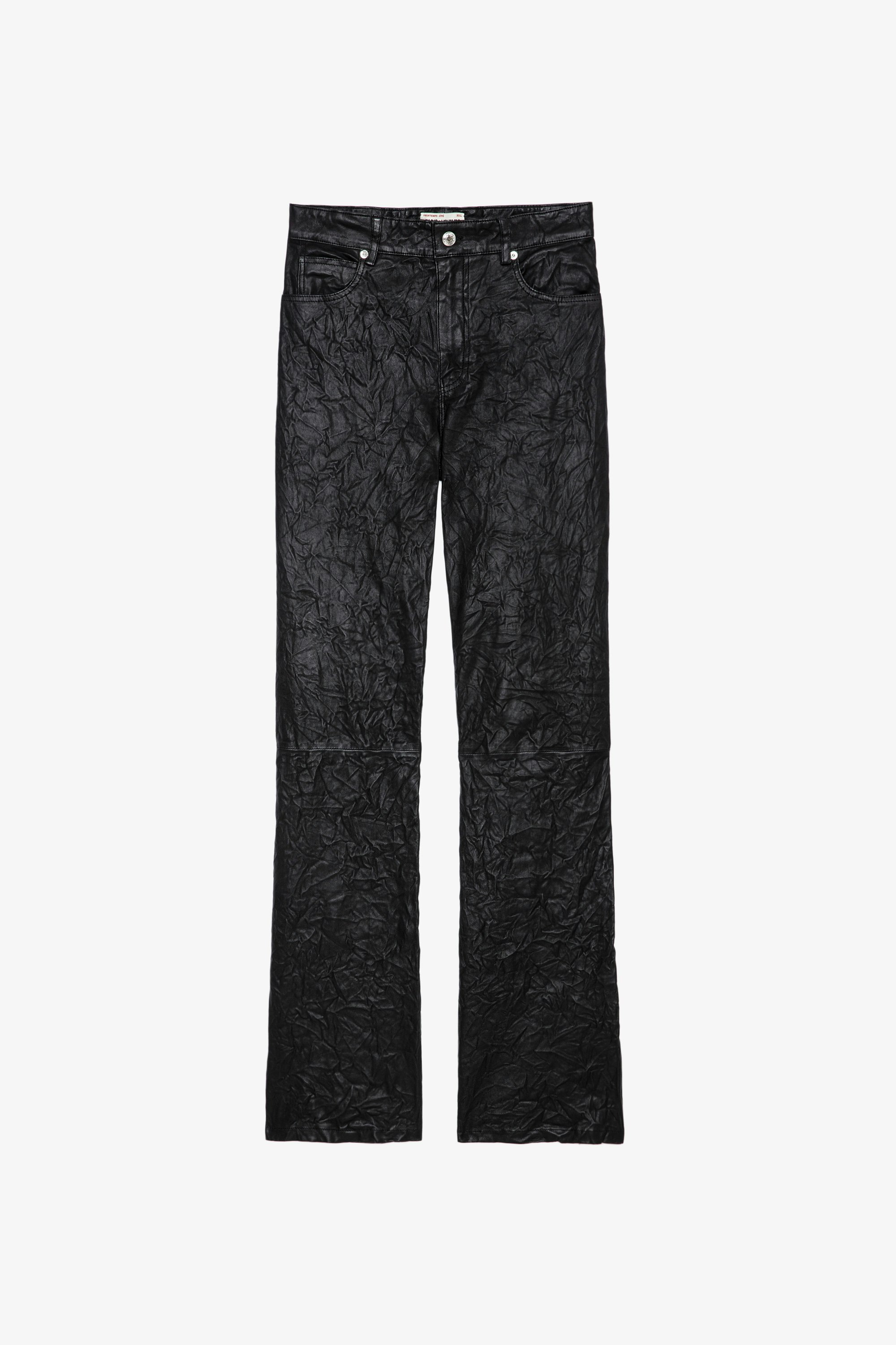 Evy クリンクル レザー パンツ Women’s flared trousers in black crinkled leather