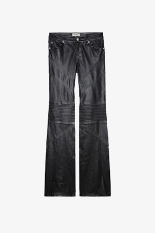Pantalon Paulin Cuir - Pantalon en cuir d'agneau noir à détails surpiqués.