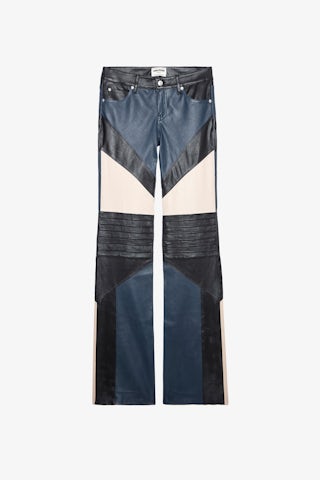 Pantalon Paulin Cuir - Pantalon en cuir d'agneau contrasté noir à détails surpiqués.