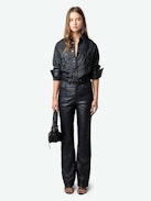 Poete Leather Pants - Women's navy blue leather high waisted pants.