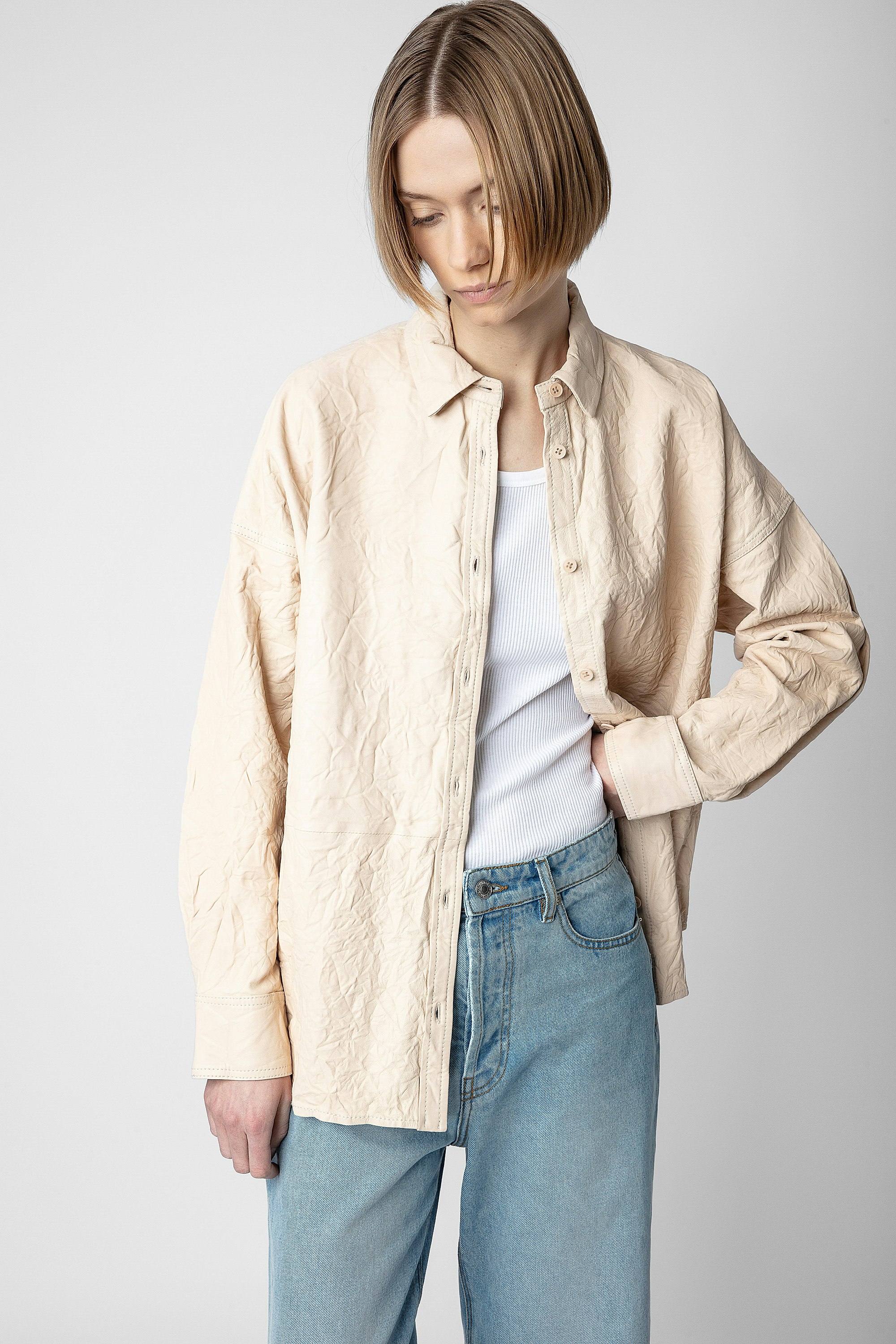 Tamara Crinkled Leather Shirt - Women's pink crinkled leather shirt