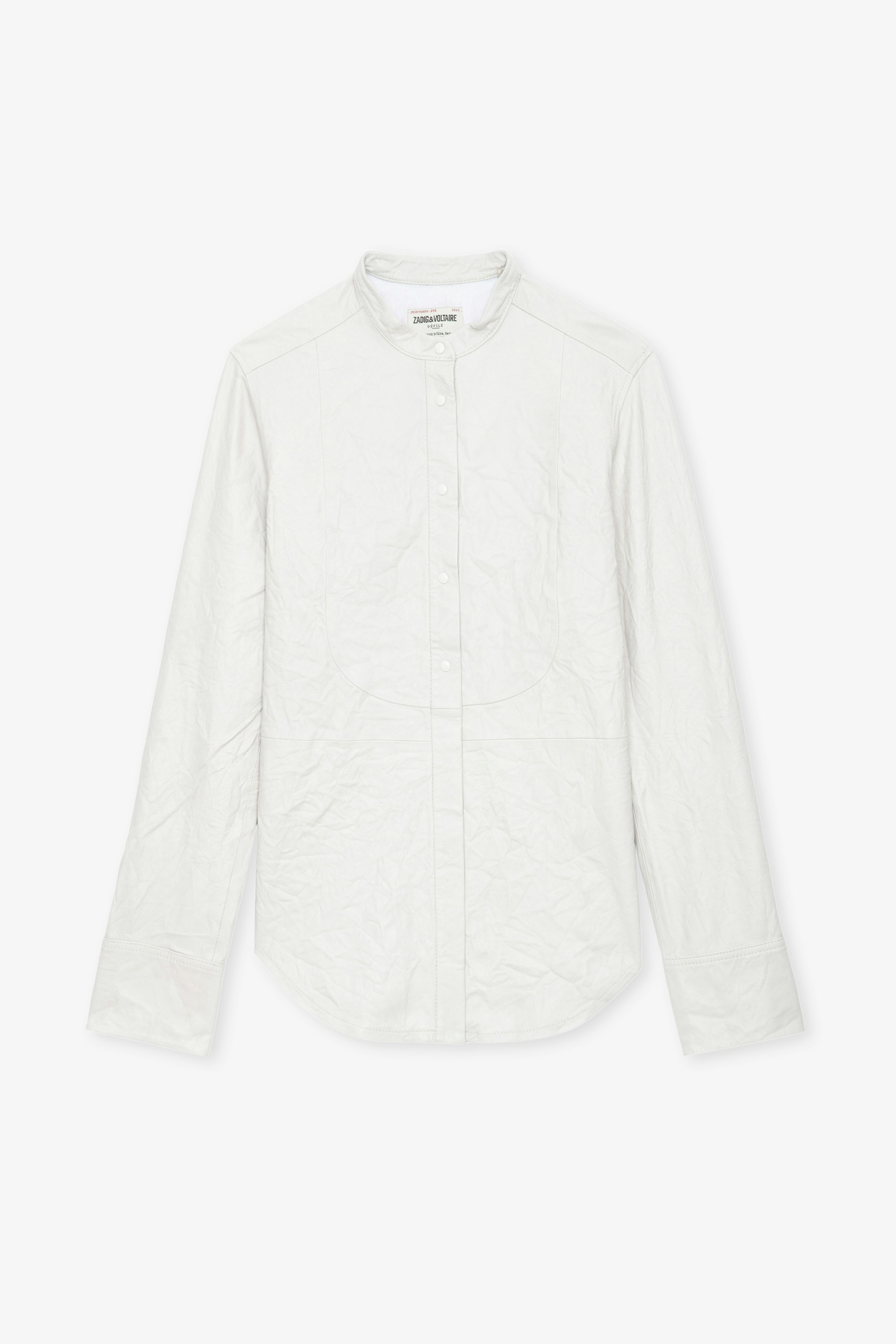 Chic Crinkled Leather Shirt - White crinkled leather shirt with press studs.