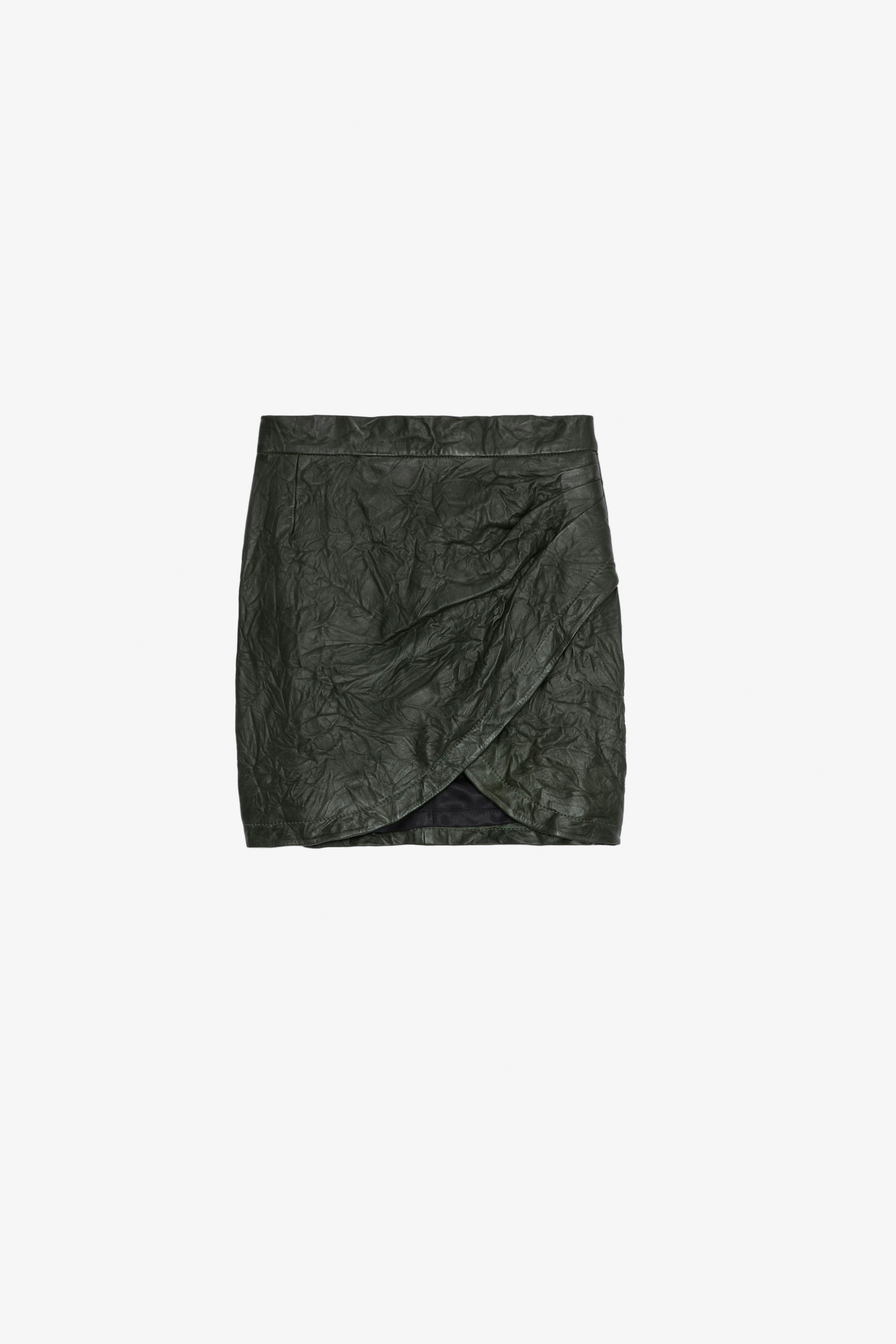 Julipe Crinkled Leather Skirt - Short curved-hem khaki crinkled leather skirt.