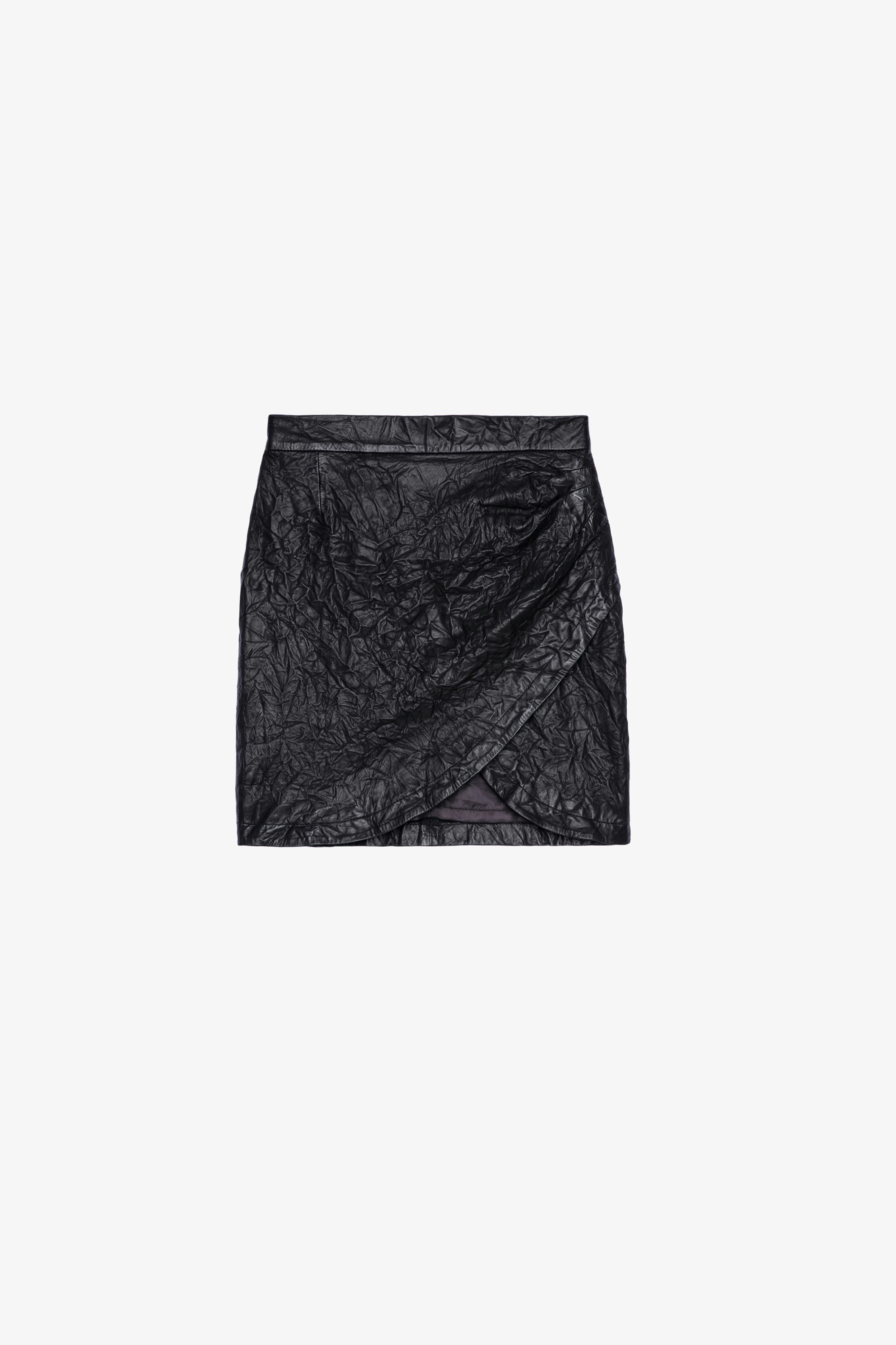 Julipe Crinkled Leather Skirt - Women's short black crinkled leather skirt with wallet effect.