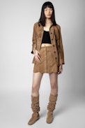 Jasia Suede Skirt - Women’s short camel suede skirt with scalloped edges