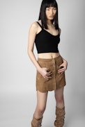Jasia Suede Skirt - Women’s short camel suede skirt with scalloped edges