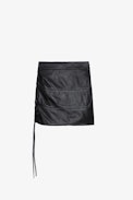 Jylo Leather Skirt - Women’s short black leather skirt with drawstrings and openings.