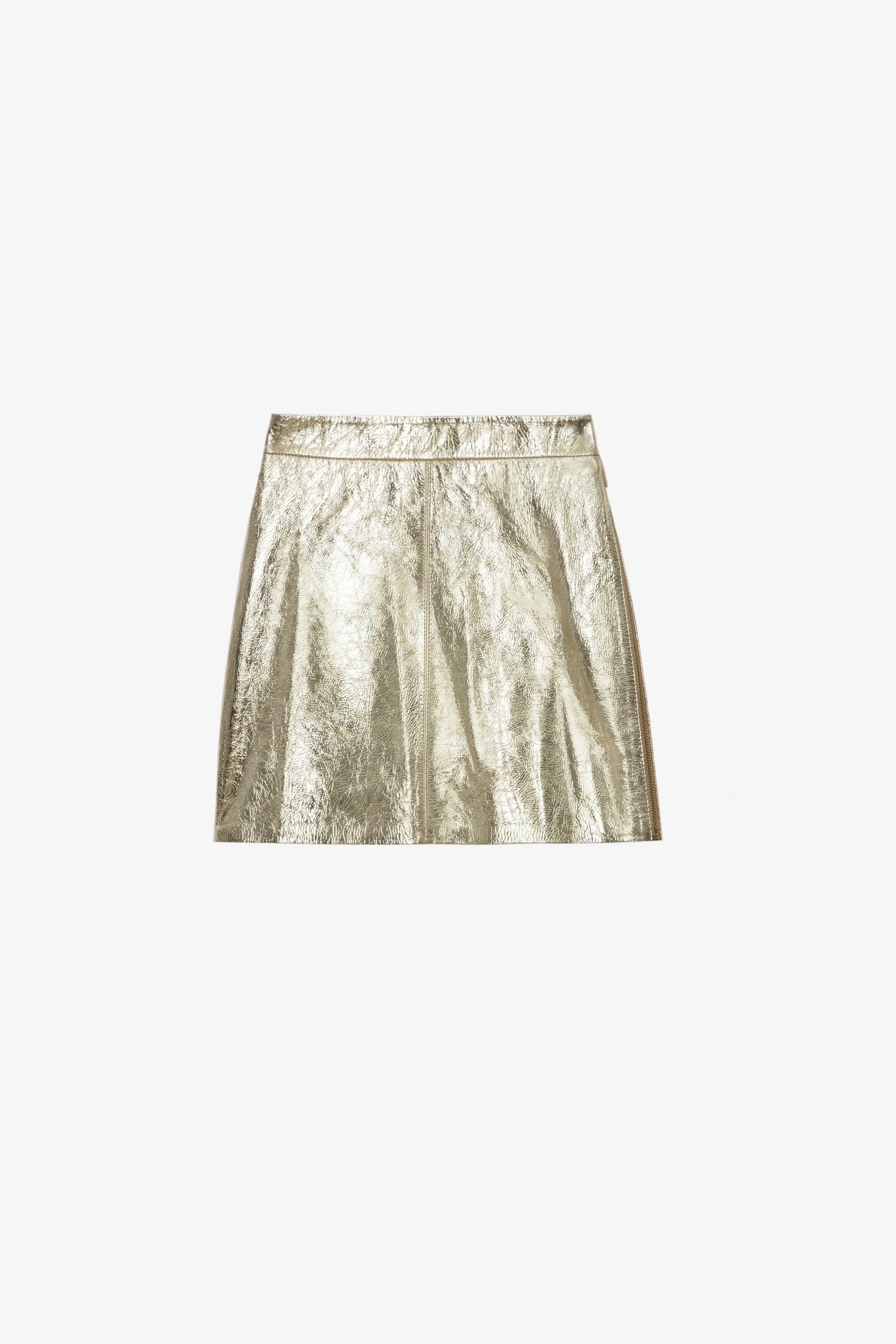 Falda de Piel Jinette - Falda corta de piel metalizada dorada con cremallera.