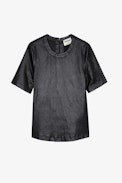 Tas Leather Top - Women’s black round-neck leather top with short sleeves.