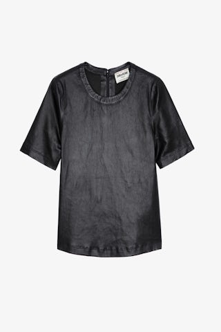 Top Tas Cuir - Top en cuir noir à col rond et manches courtes.