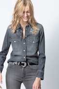 Chemise Thelma Denim - Chemise grise femme, à strass.