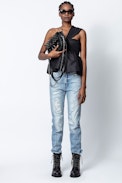 Trip Show Top - Women’s black cropped top with asymmetric sleeves