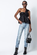 Trip Show Top - Women’s black cropped top with asymmetric sleeves