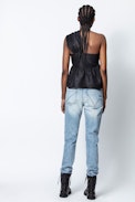 Trip Show Top - Women’s black cropped top with asymmetric sleeves