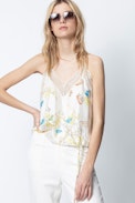 Caraco Soie Chris Blossom - Caraco beige femme, imprimé.