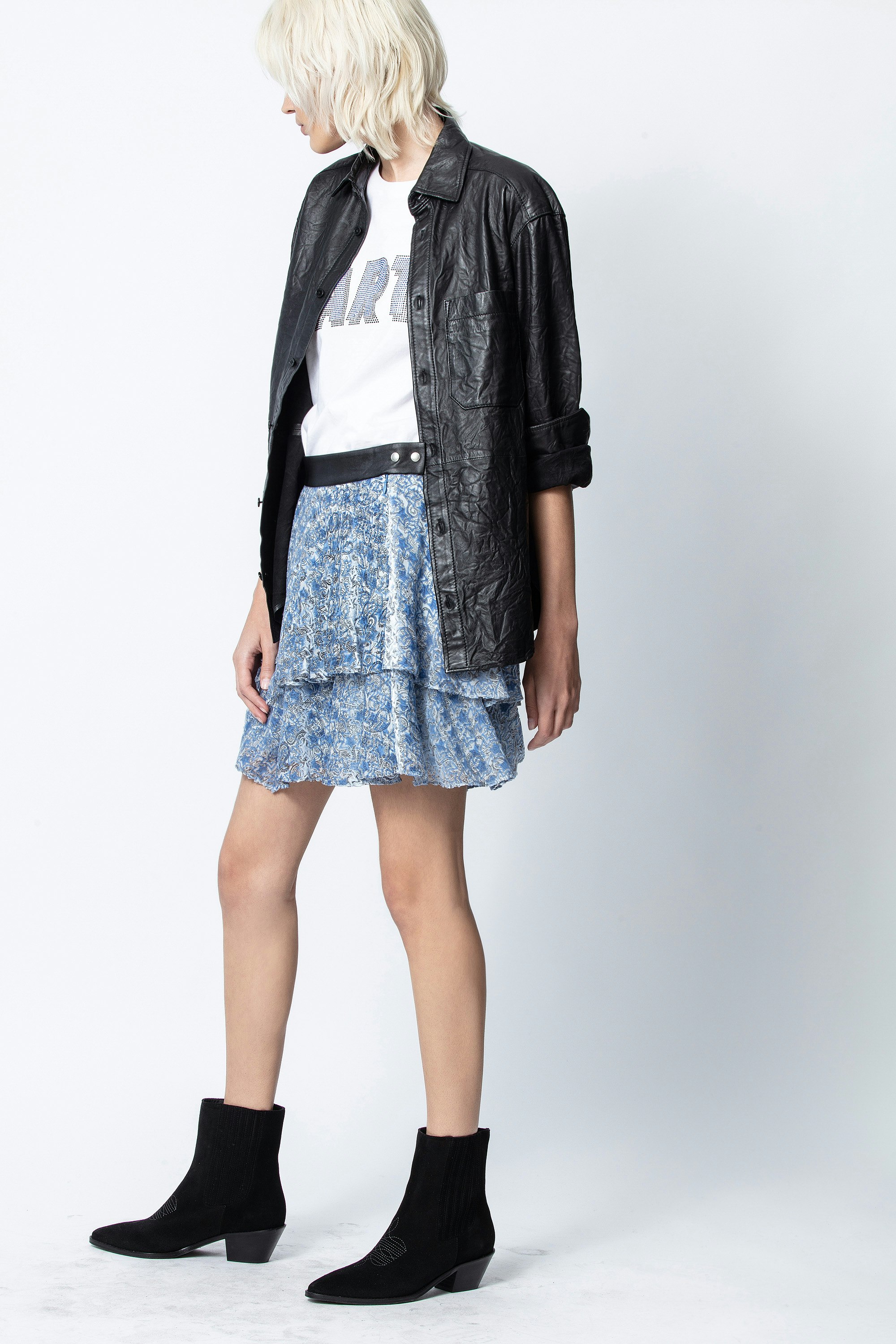 velvet skirt leather jacket