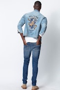 Base Jacket - Men’s blue denim jacket with a motif on the back.