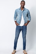 Base Jacket - Men’s blue denim jacket with a motif on the back.