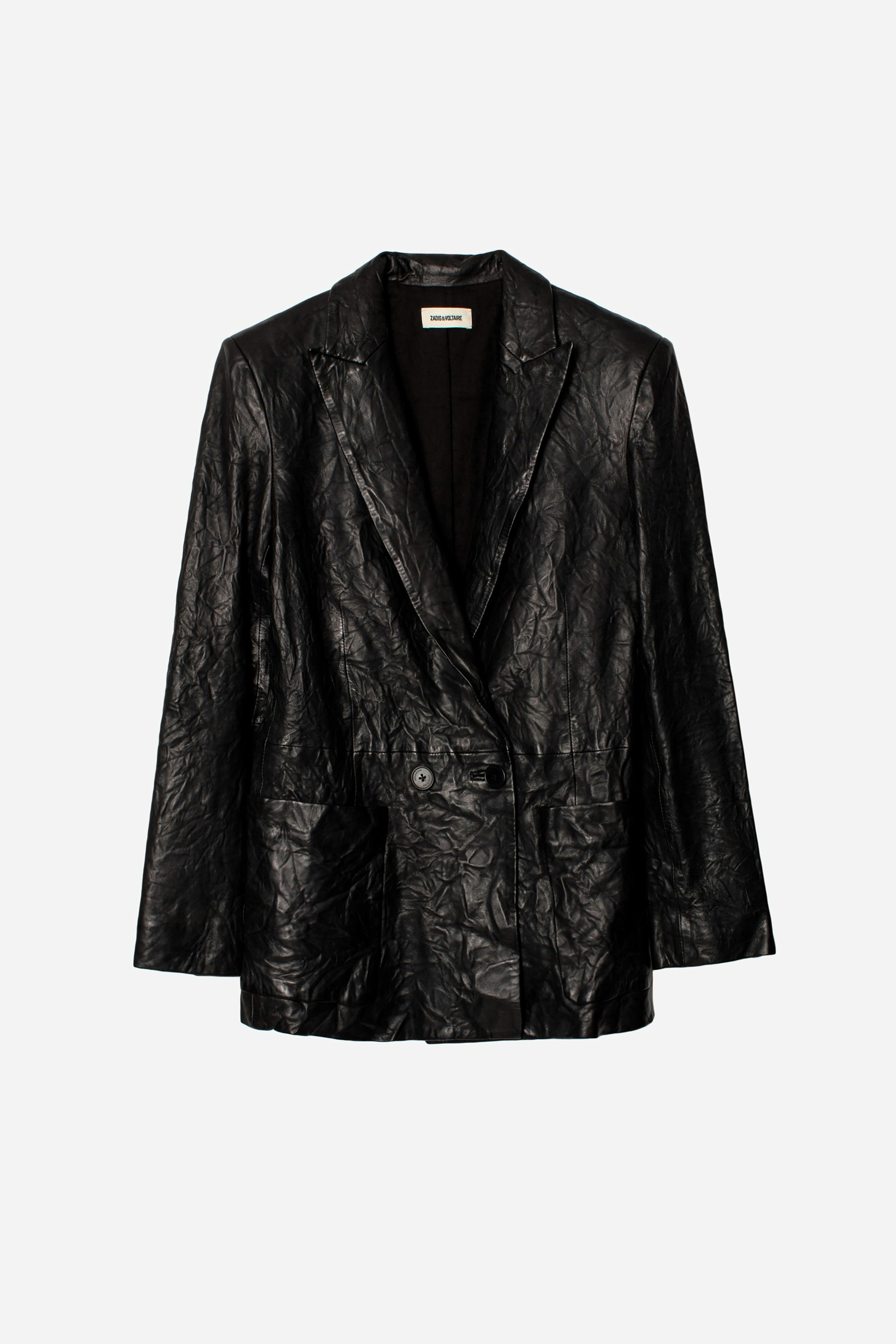 Visco Crinkle Leather Jacket Women’s black tailored jacket in crinkle-effect leather.