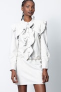 Ruskies Crinkle Leather Dress - Women’s white dress in crinkle-effect leather with ruffle details.