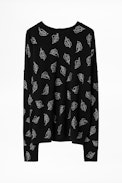 Kaschmirpullover Roby Leaf Skull - Schwarzer Damen-Kaschmirpullover mit Strassverzierung