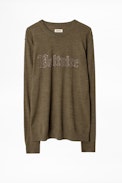 Liam Voltaire Sweater - Men’s khaki studded slogan sweater.