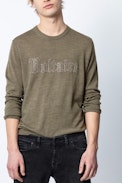 Liam Voltaire Sweater - Men’s khaki studded slogan sweater.
