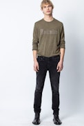 Liam Voltaire Sweater - Men’s khaki studded slogan sweater.