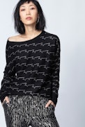 Pull Anouk ZV Allover - Pull noir femme en laine mérinos, imprimé.