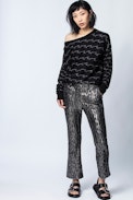 Pull Anouk ZV Allover - Pull noir femme en laine mérinos, imprimé.