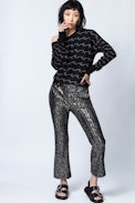 Pull Anouk ZV Allover - Pull noir femme en laine mérinos, imprimé.