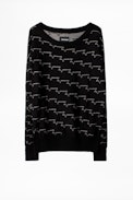Pull Anouk ZV Allover - Pull noir femme en laine mérinos, imprimé.