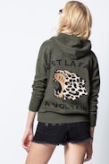 Cardigan Maly - Khakifarbener Damen-Cardigan mit Print.