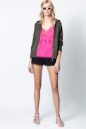 Cardigan Maly - Khakifarbener Damen-Cardigan mit Print.