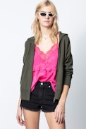 Cardigan Maly - Khakifarbener Damen-Cardigan mit Print.